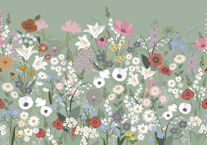 Playful Meadow Green mural by Rebel Walls