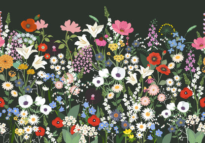 Playful Meadow Black mural by Rebel Walls