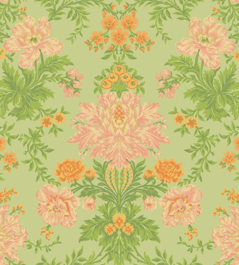 Poppies Wallpaper by Cole & Son Peach, Marigold & Grass on Soft Green