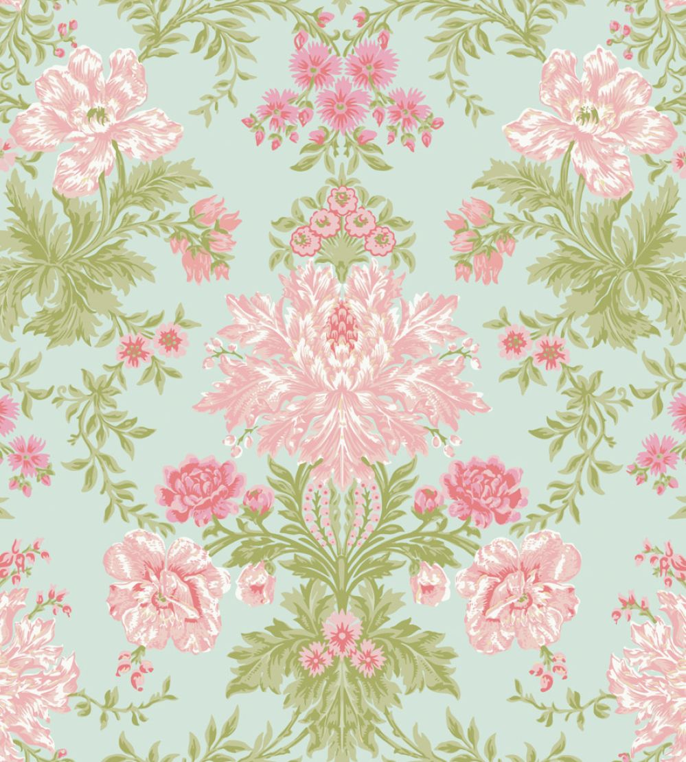 Poppies Wallpaper by Cole & Son Soft Pink, Blush & Soft Green on Mint