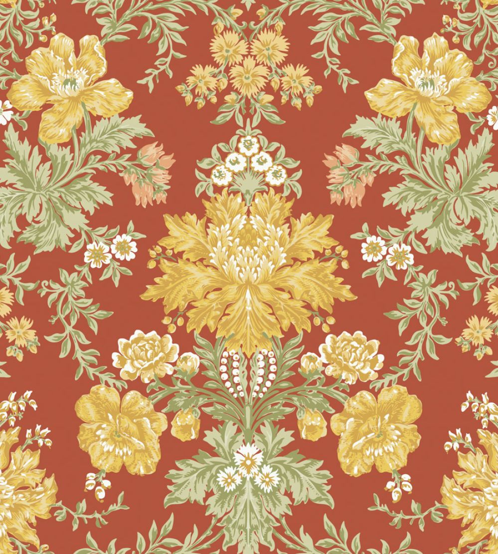 Poppies Wallpaper by Cole & Son Soft Yellow, Cream & Spring Green on Terracotta
