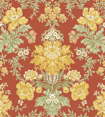 Poppies Wallpaper by Cole & Son Soft Yellow, Cream & Spring Green on Terracotta