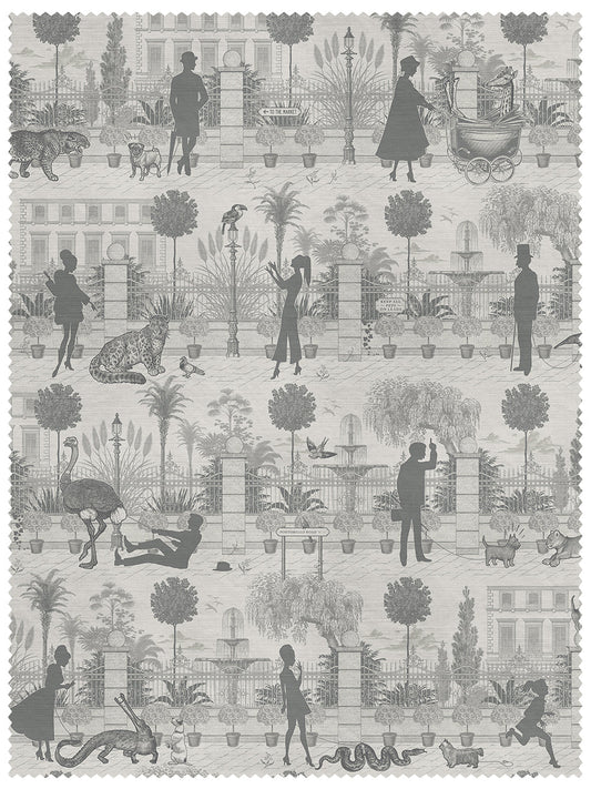 Portobello Parade Linen Fabric by Divine Savages in Big Smoke, pattern swatch