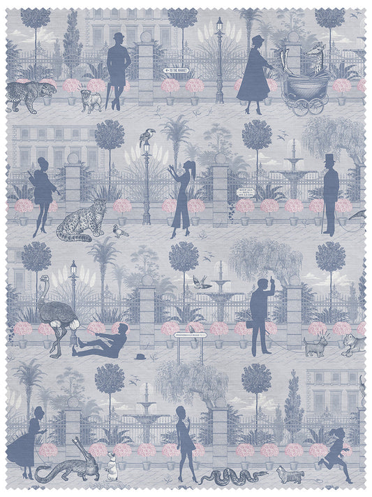 Portobello Parade Linen Fabric by Divine Savages in Wild Violet, pattern swatch
