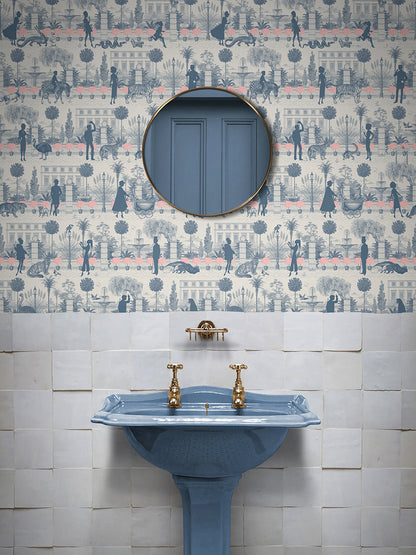 Portobello Parade Wallpaper by Divine Savages in Blue Blush Haze, room setting