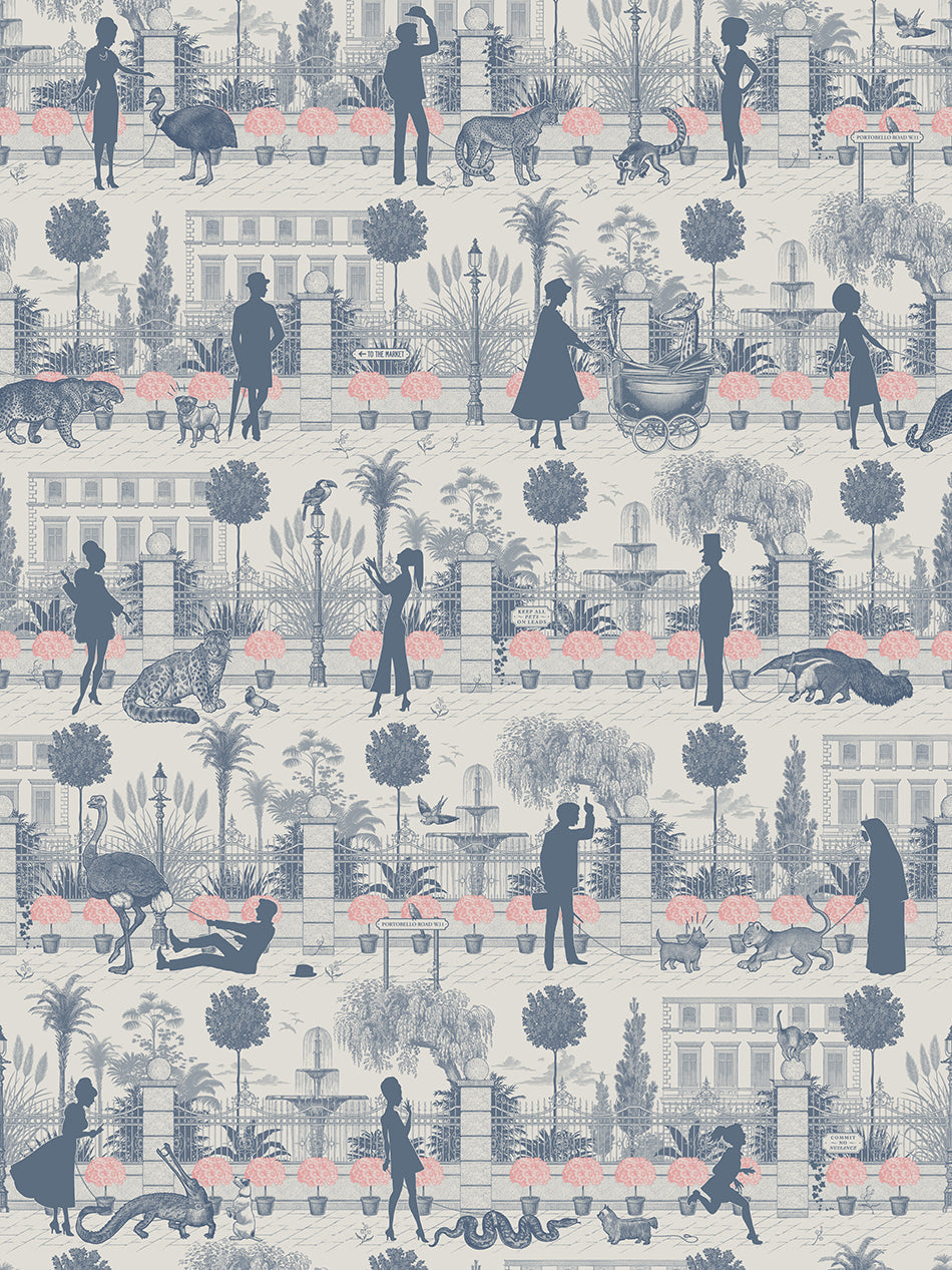 Portobello Parade Wallpaper by Divine Savages in Blue Blush Haze, pattern swatch