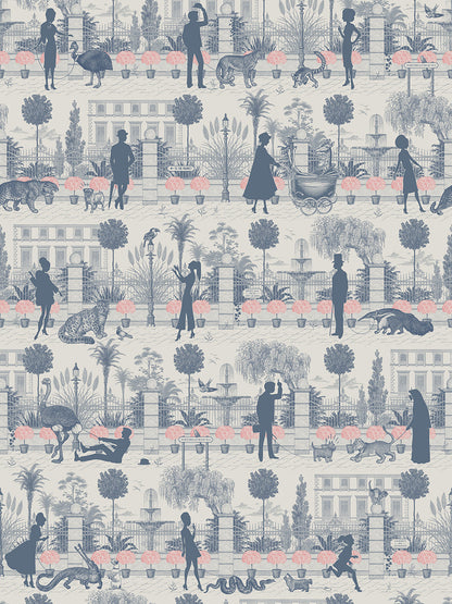 Portobello Parade Wallpaper by Divine Savages in Blue Blush Haze, pattern swatch