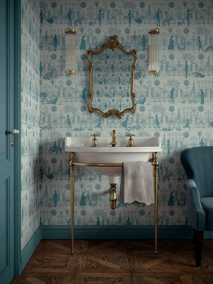 Portobello Parade Wallpaper by Divine Savages in Jellied Teal, room setting