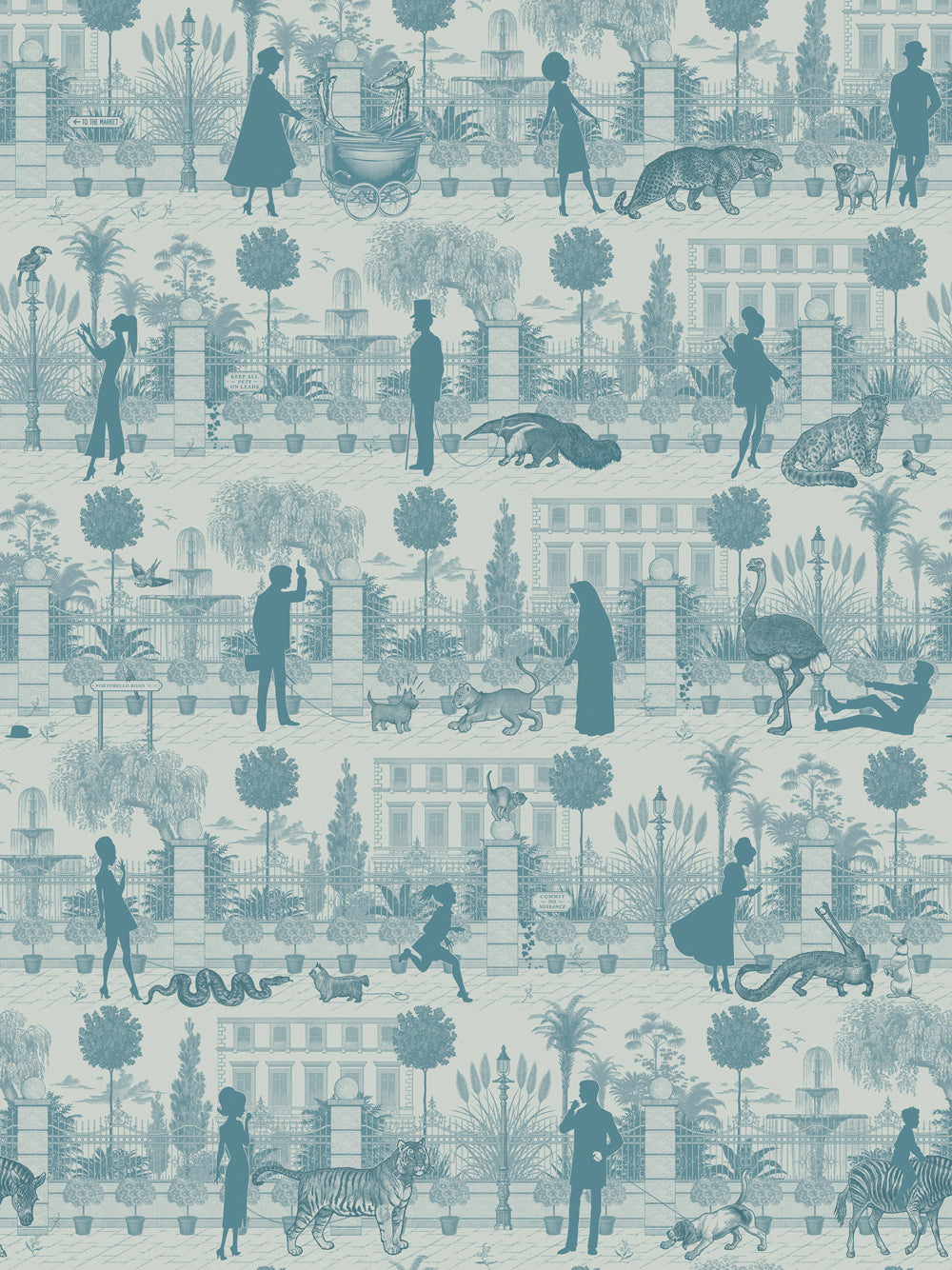 Portobello Parade Wallpaper by Divine Savages in Jellied Teal, pattern swatch