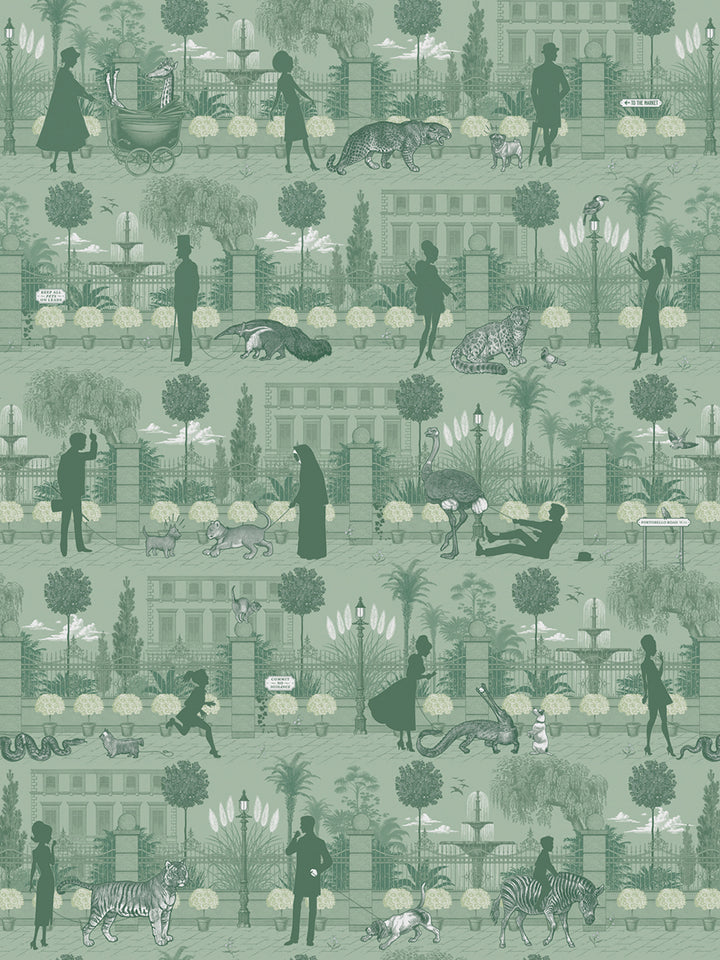 Portobello Parade Wallpaper by Divine Savages in Park Green, pattern swatch