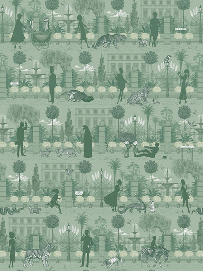 Portobello Parade Wallpaper by Divine Savages in Park Green, pattern swatch