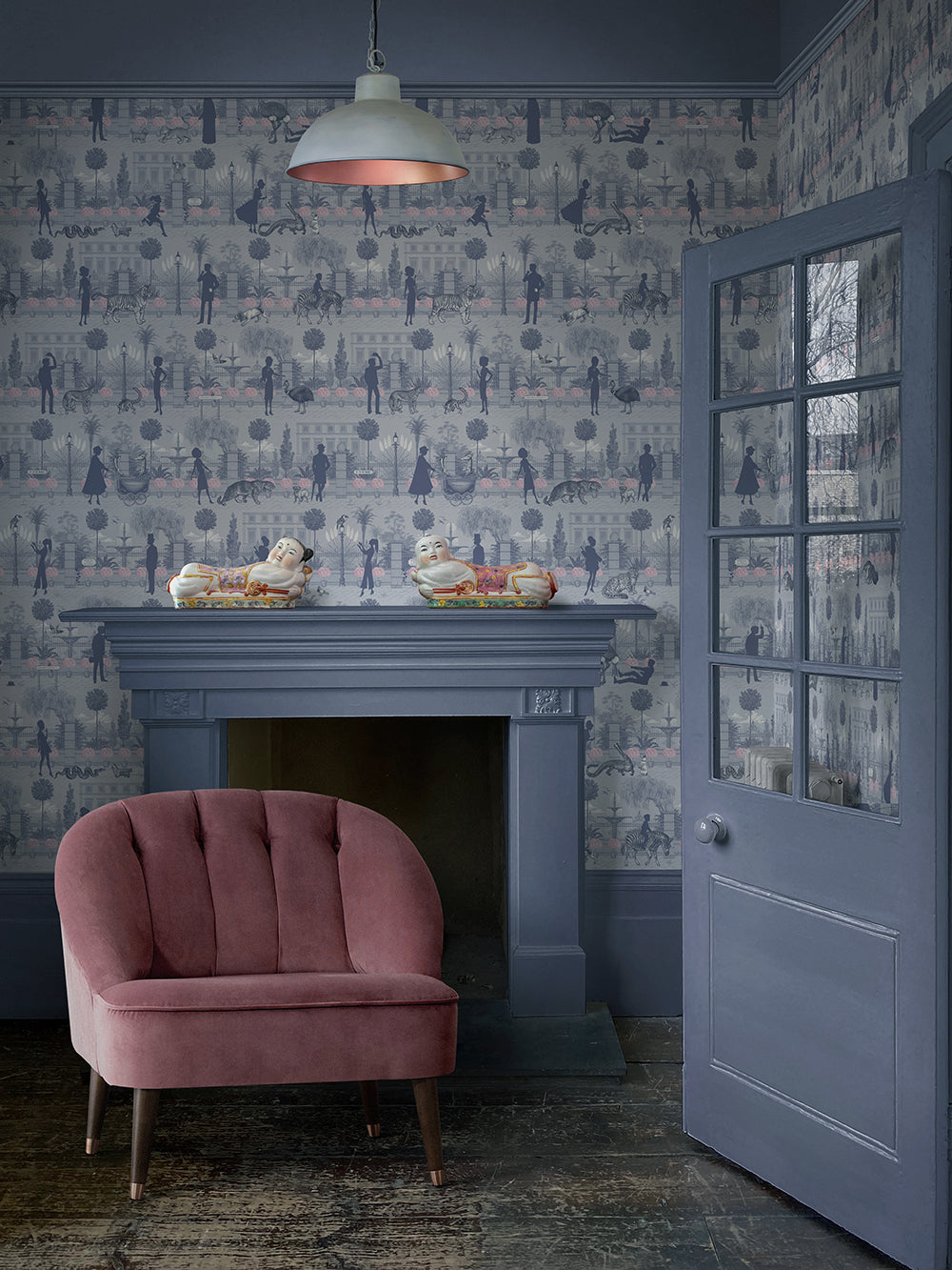Portobello Parade Wallpaper by Divine Savages in Wild Violet, room setting