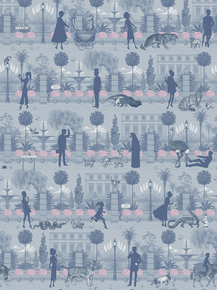 Portobello Parade Wallpaper by Divine Savages in Wild Violet, pattern swatch
