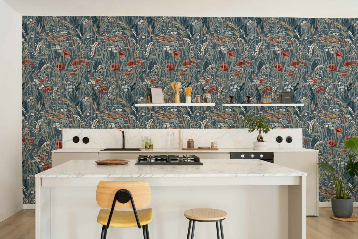 Pradera wallpaper by Coordonné in Añil, shown in a styled room