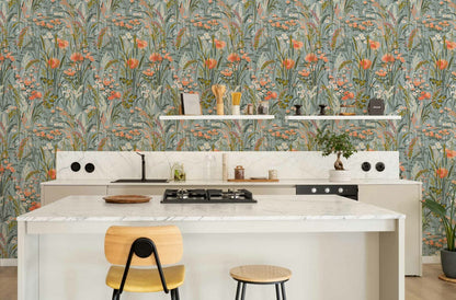 Pradera wallpaper by Coordonné in Aqua, shown in a styled room
