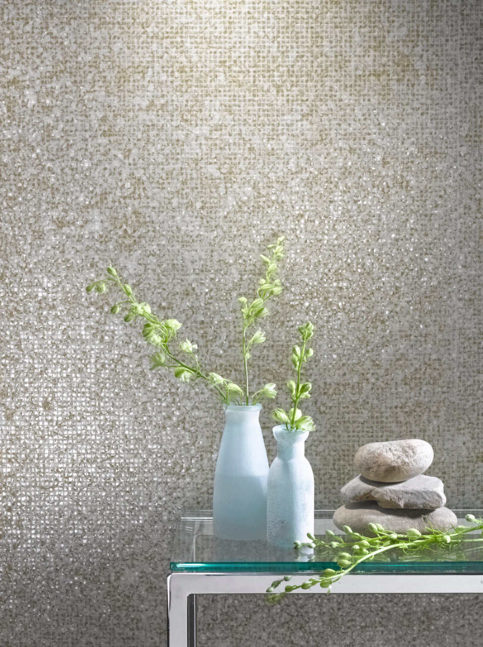 Reflections Wallpaper by Phillip Jeffries in Beige Brilliance, shown installed in a room setting