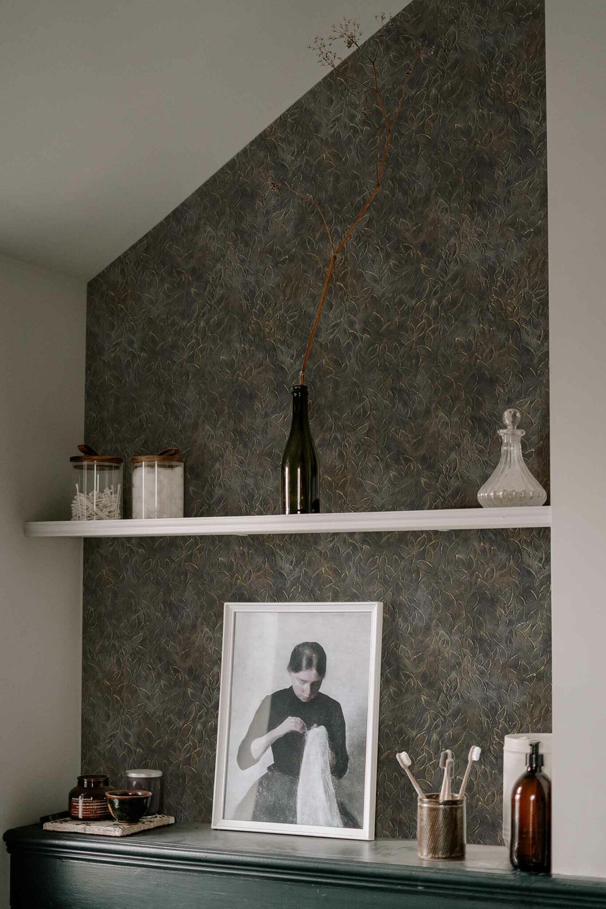 Rob Leaves wallpaper by Coordonné in Quartz, shown in a styled room