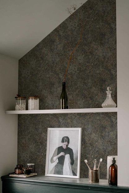 Rob Leaves wallpaper by Coordonné in Quartz, shown in a styled room