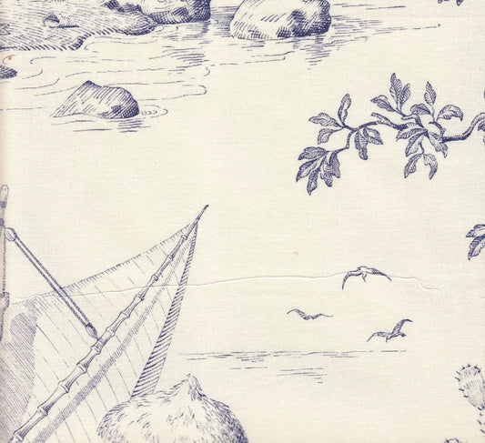 Robinson Crusoe Toile Bleu fabric by Charles Burger