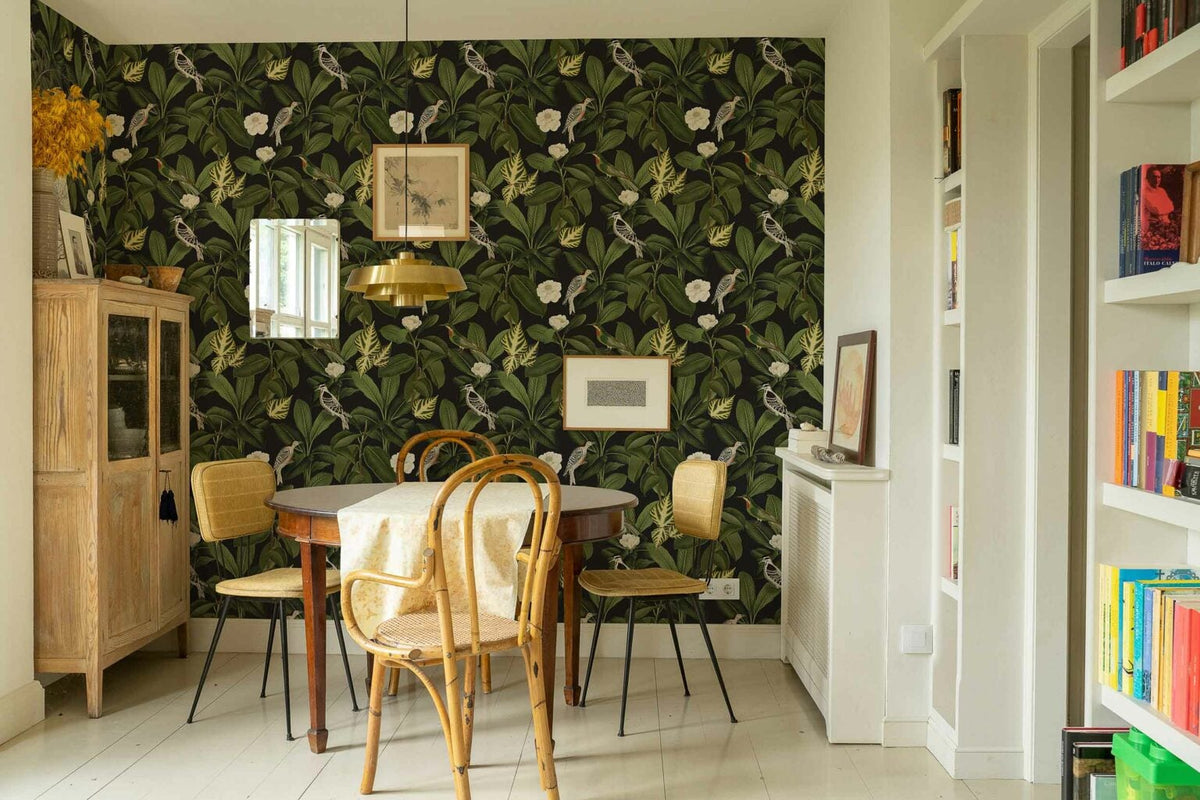 Rocio wallpaper by Coordonné in Azabache, shown in a styled room