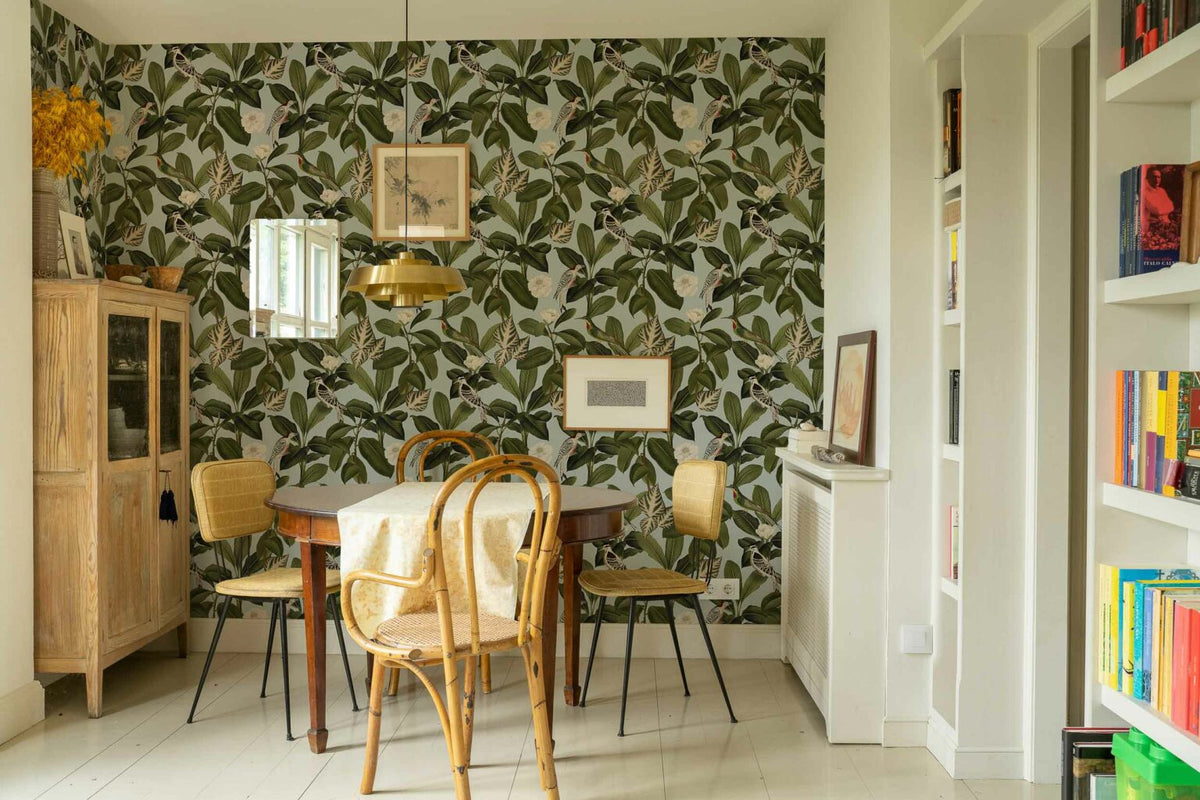 Rocio wallpaper by Coordonné in Cielo, shown in a styled room