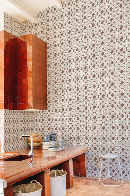 Roots wallpaper by Coordonné in Adobe, shown in a styled room