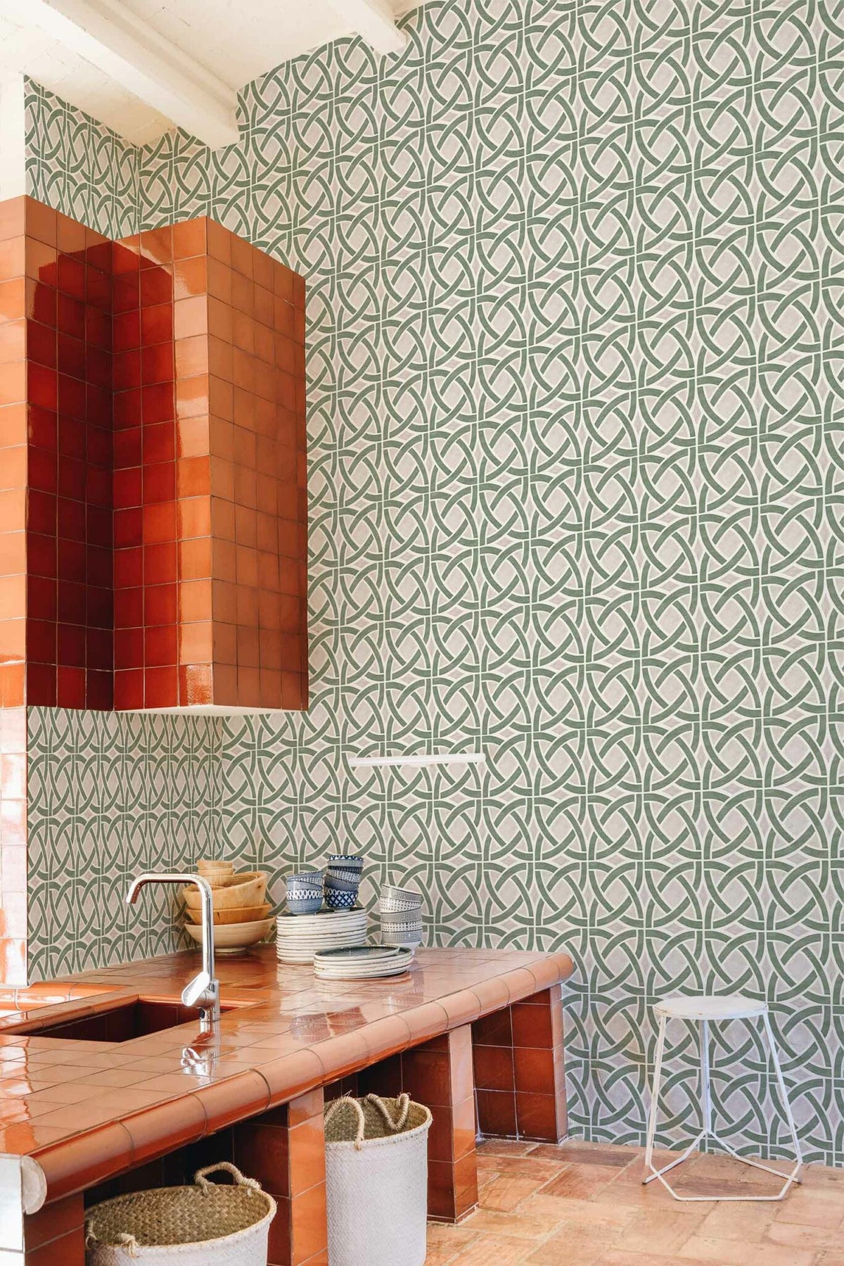Roots wallpaper by Coordonné in Menta, shown in a styled room