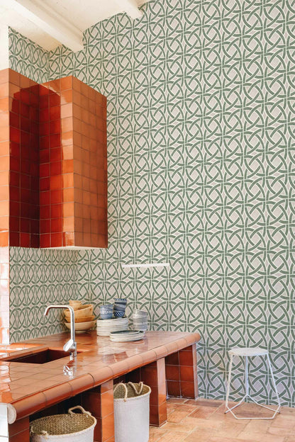 Roots wallpaper by Coordonné in Menta, shown in a styled room