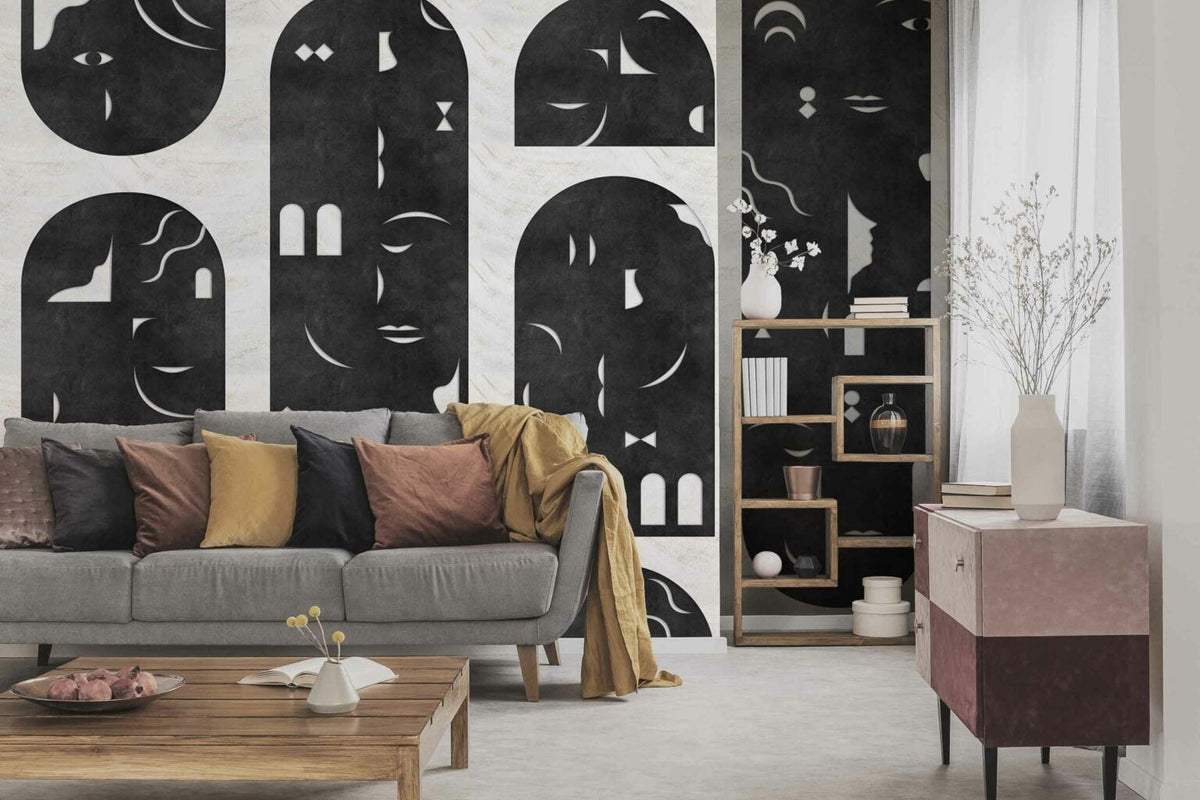 Rostros mural by Coordonné in Black, shown in a styled room