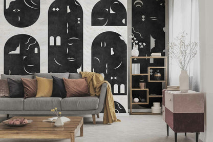 Rostros mural by Coordonné in Black, shown in a styled room