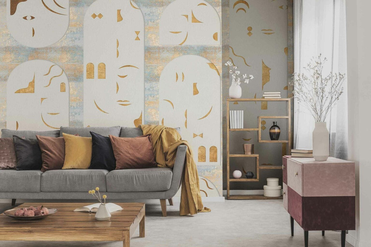 Rostros mural by Coordonné in Gold, shown in a styled room