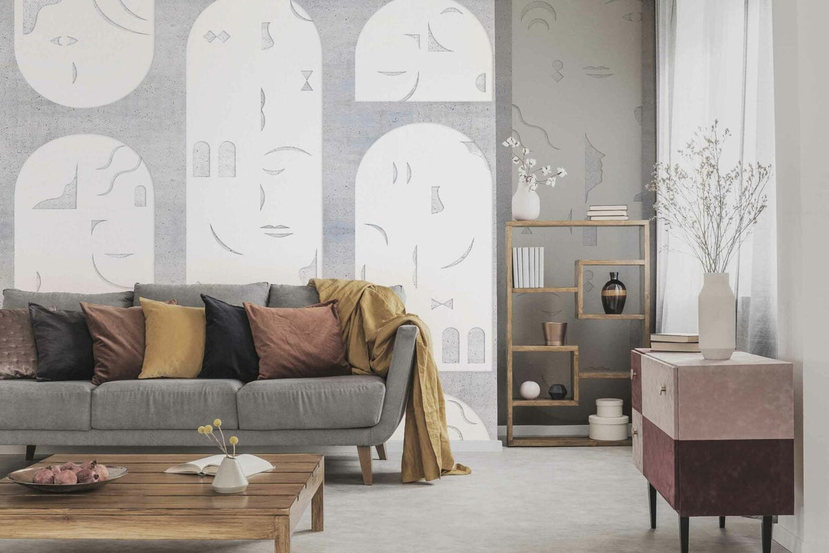 Rostros mural by Coordonné in Grey, shown in a styled room