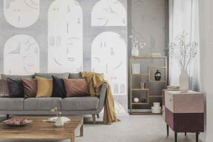 Rostros mural by Coordonné in Grey, shown in a styled room