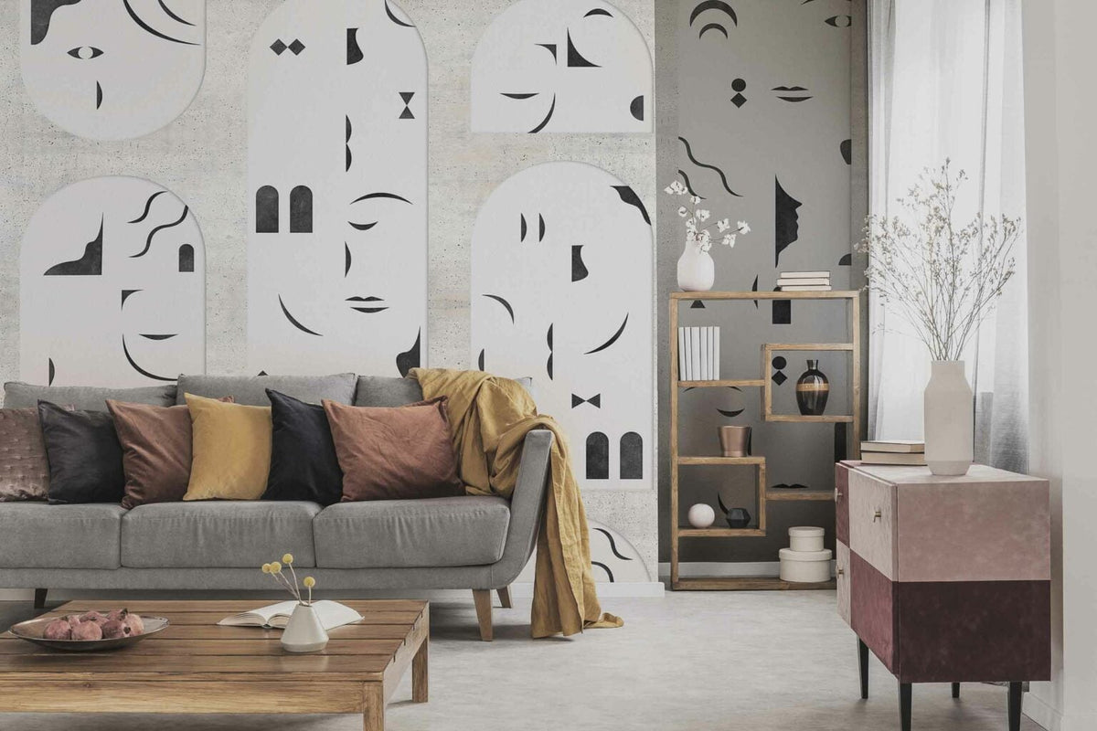 Rostros mural by Coordonné in Off, shown in a styled room
