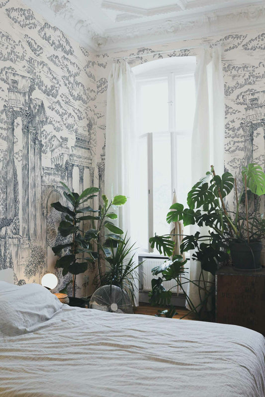 Ruins mural by Coordonné in Cobalt, shown in a styled room