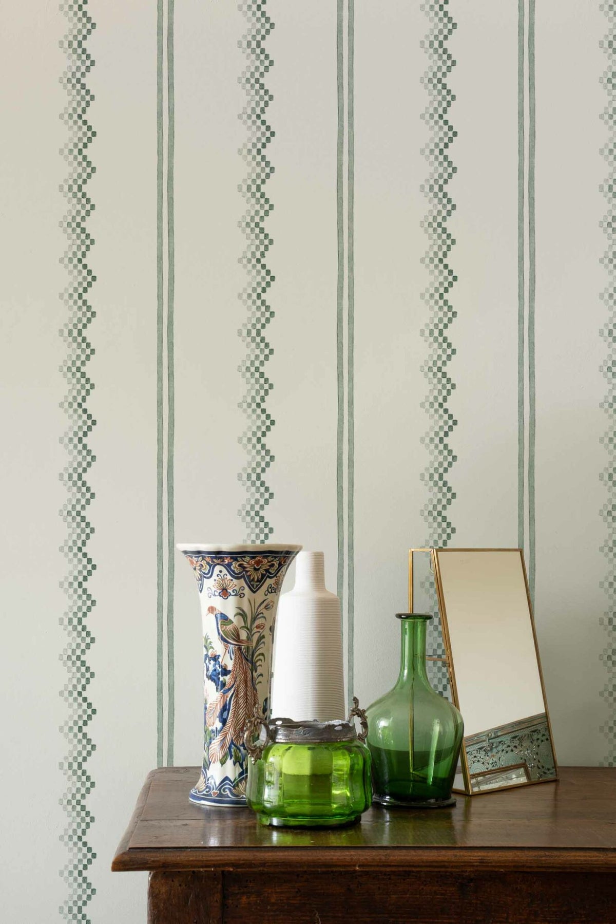 Ruta wallpaper by Coordonné in Celadón, shown in a styled room