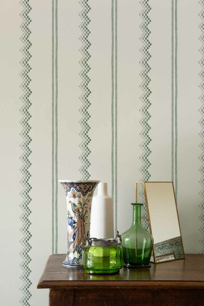 Ruta wallpaper by Coordonné in Celadón, shown in a styled room