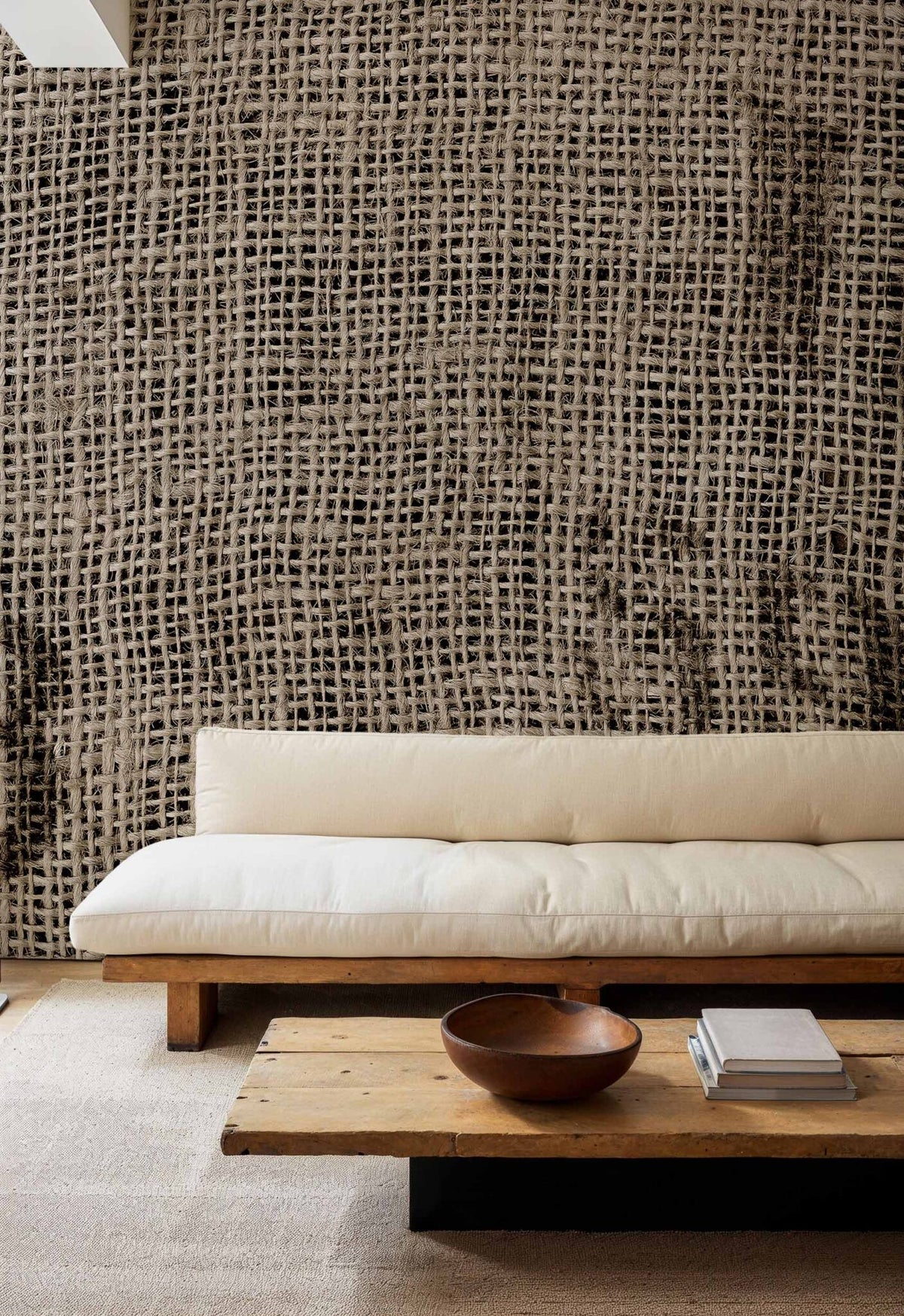 Sacking mural by Coordonné in Natural, shown in a styled room