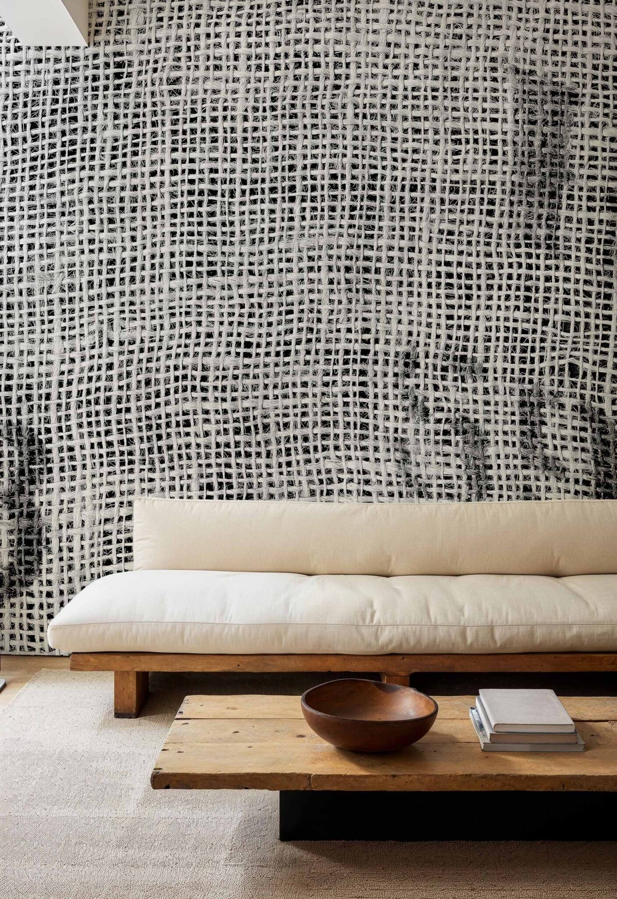 Sacking mural by Coordonné in White, shown in a styled room