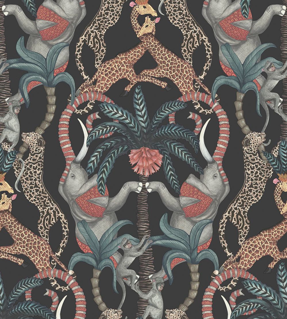 Safari Totem Wallpaper by Cole & Son Ruby & Print Room Blue on Charcoal