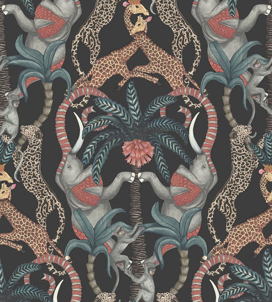 Safari Totem Wallpaper by Cole & Son Ruby & Print Room Blue on Charcoal