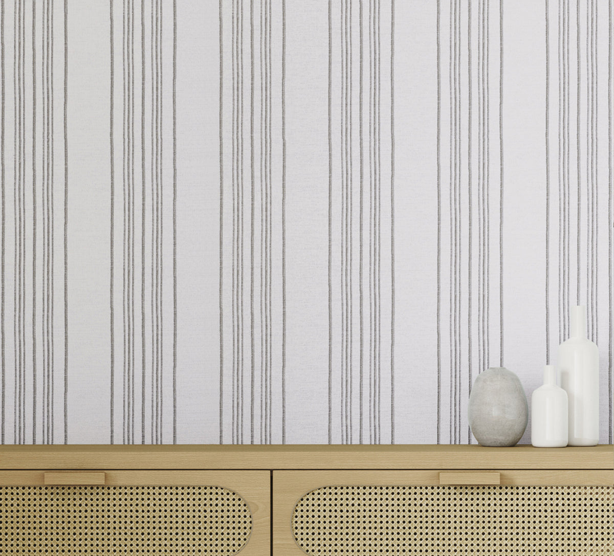 Sailor Stripe Wallpaper by Phillip Jeffries in Backstay Beige, shown installed in a room setting