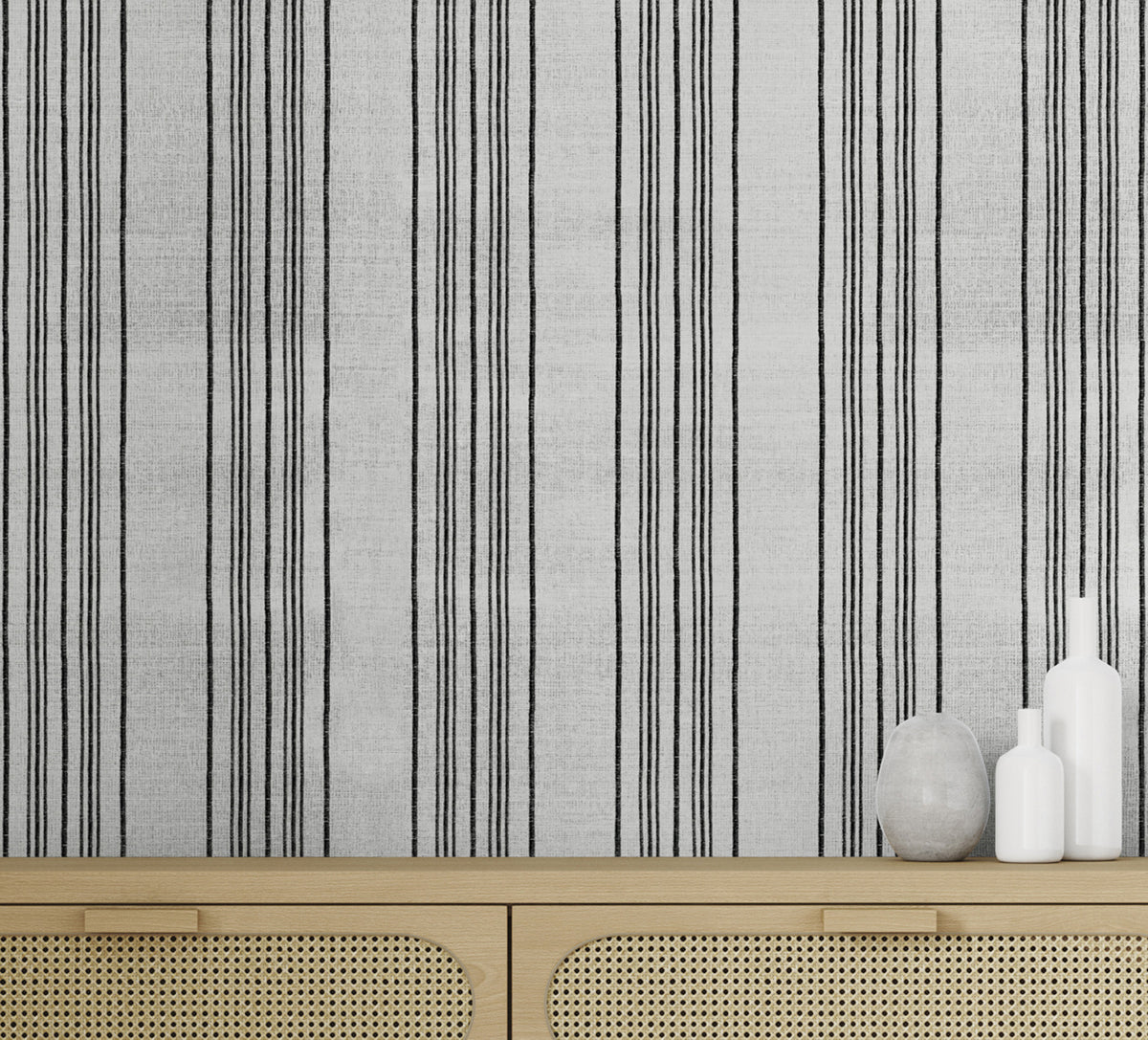 Sailor Stripe Wallpaper by Phillip Jeffries in Ballast Black, shown installed in a room setting