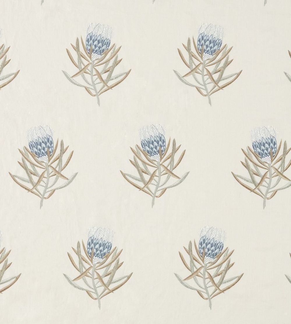 Protea Flower Fabric by Sanderson China Blue / Linen