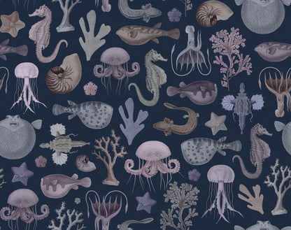 Sea Life Navy Blue mural by Rebel Walls