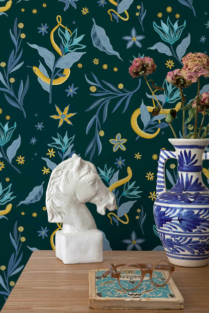 Serpientes y Flores wallpaper by Coordonné in Dark, shown in a styled room