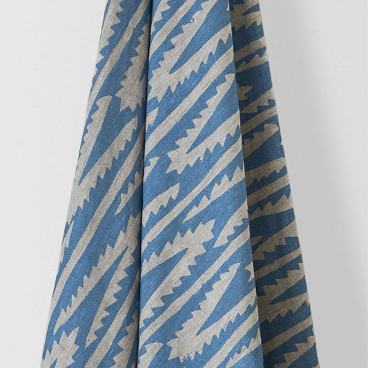 Shashka Printed Linen Fabric by Volga Linen in Cornflower Blue/Natural, styled view 1