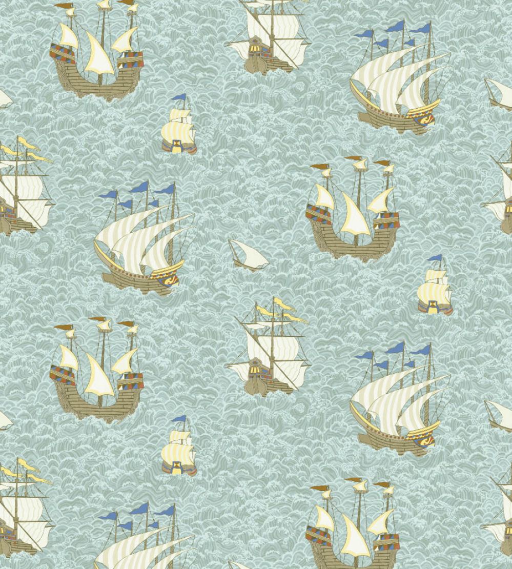 Ships Wallpaper by Josephine Munsey Light Blue