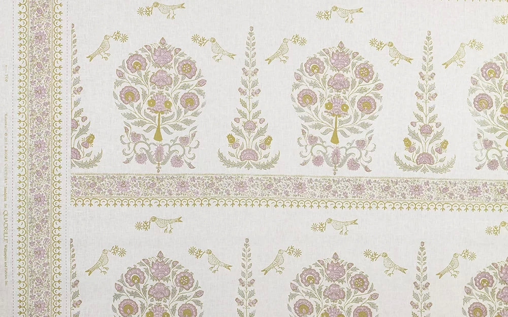 Kalamkari Silver Gold Lilac on Ivory border fabric by Home Couture