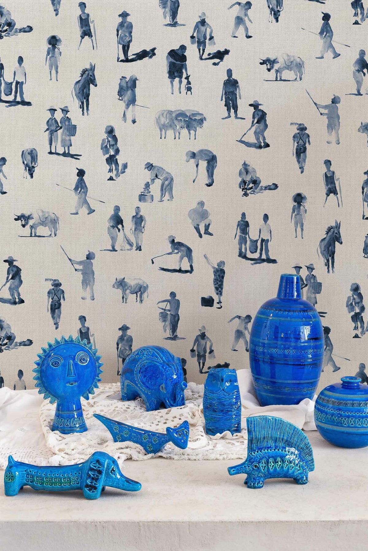 Sineu wallpaper by Coordonné in Indigo, shown in a styled room